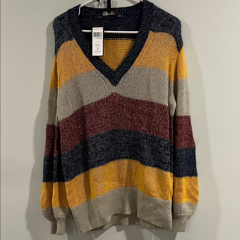 BCBGMAXAZRIA Striped Metallic Mohair Pullover in Port Combo